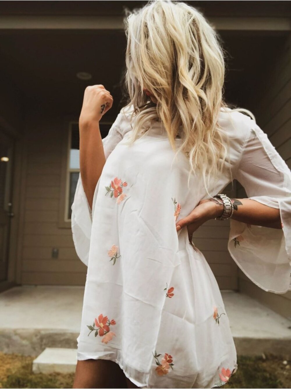 Loveriche Womens Mini Shift Dress LG White Pink Embroidered Floral Sheer Sleeve